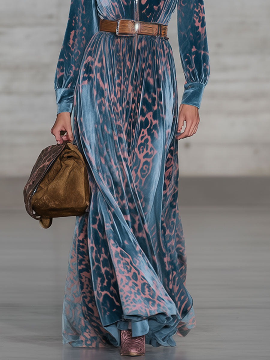 Retro Urban Nomad Style Pink Leopard Print Lake Blue Velvet Maxi Dress