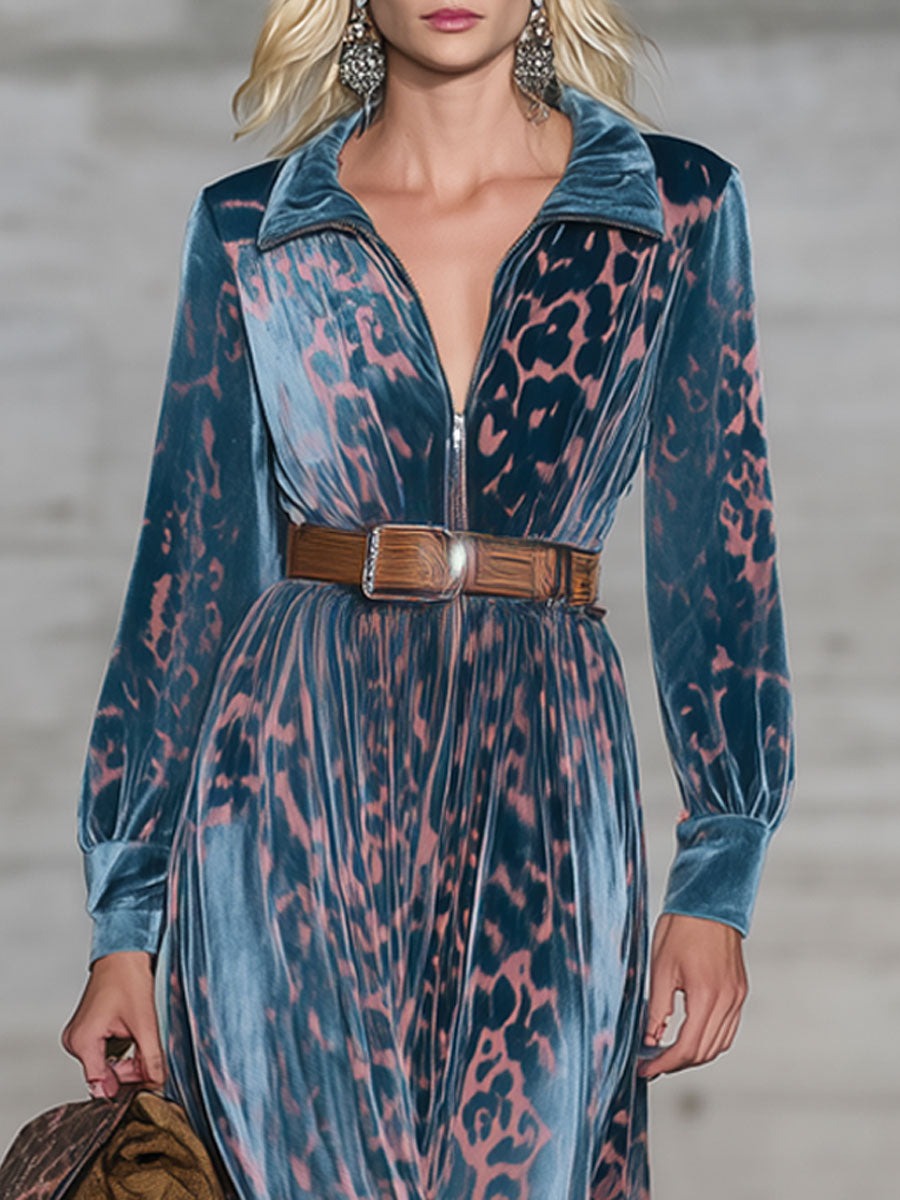 Retro Urban Nomad Style Pink Leopard Print Lake Blue Velvet Maxi Dress