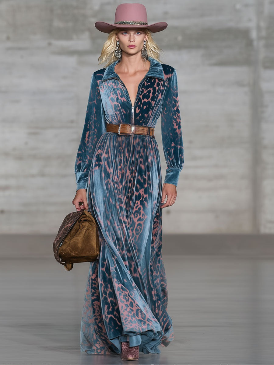 Retro Urban Nomad Style Pink Leopard Print Lake Blue Velvet Maxi Dress