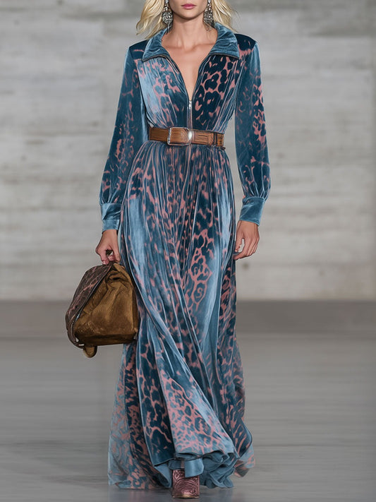 Retro Urban Nomad Style Pink Leopard Print Lake Blue Velvet Maxi Dress