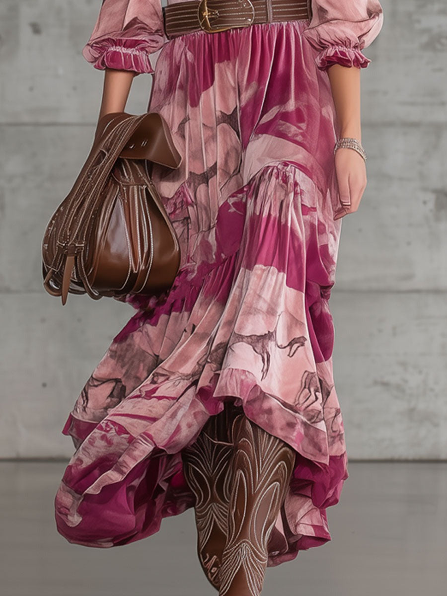 Retro Urban Nomad Style Pink Leopard Print Lake Blue Velvet Maxi Dress