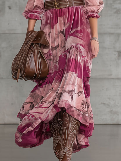 Retro Urban Nomad Style Pink Leopard Print Lake Blue Velvet Maxi Dress