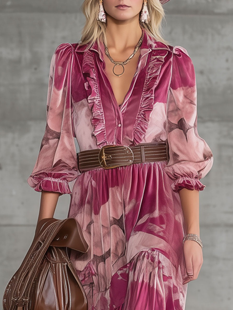 Retro Urban Nomad Style Pink Leopard Print Lake Blue Velvet Maxi Dress