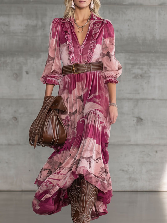 Retro Urban Nomad Style Pink Leopard Print Lake Blue Velvet Maxi Dress