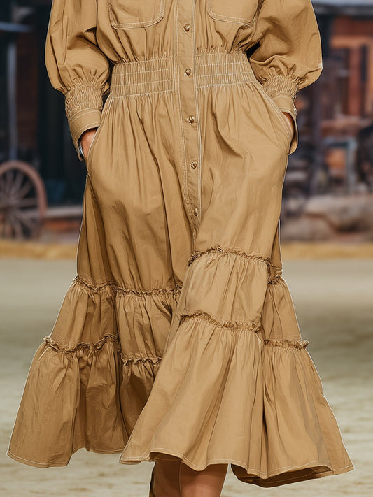 Retro Fashion Ruffled Skirt Waist Khaki Long-sleeved Midi Dress