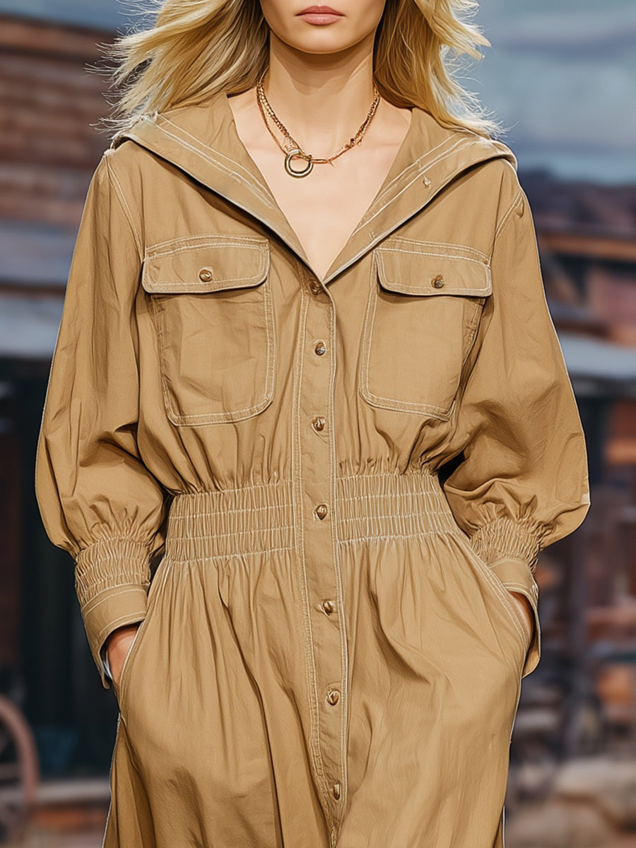 Retro Fashion Ruffled Skirt Waist Khaki Long-sleeved Midi Dress