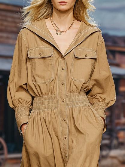 Retro Fashion Ruffled Skirt Waist Khaki Long-sleeved Midi Dress