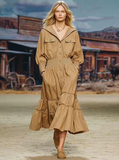 Retro Fashion Ruffled Skirt Waist Khaki Long-sleeved Midi Dress