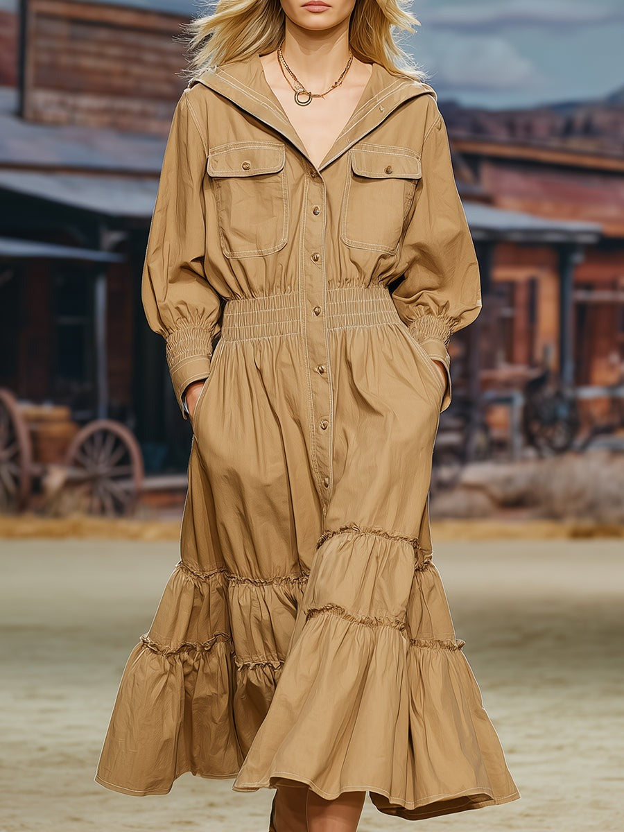 Retro Fashion Ruffled Skirt Waist Khaki Long-sleeved Midi Dress