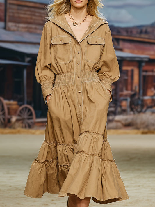 Retro Fashion Ruffled Skirt Waist Khaki Long-sleeved Midi Dress