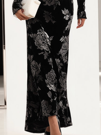 Elegant Black Velvet Rose Texture Waist Pleated Maxi Dress