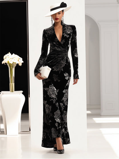 Elegant Black Velvet Rose Texture Waist Pleated Maxi Dress