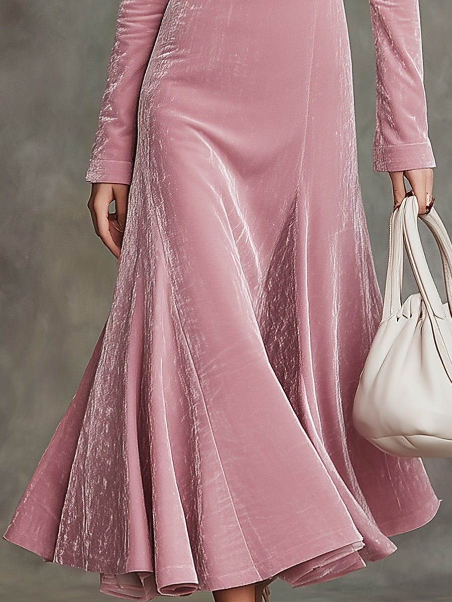 Elegant Pink Velvet Square Neck And Large Skirt Maxi Dress