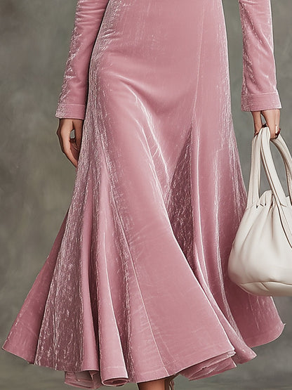 Elegant Pink Velvet Square Neck And Large Skirt Maxi Dress