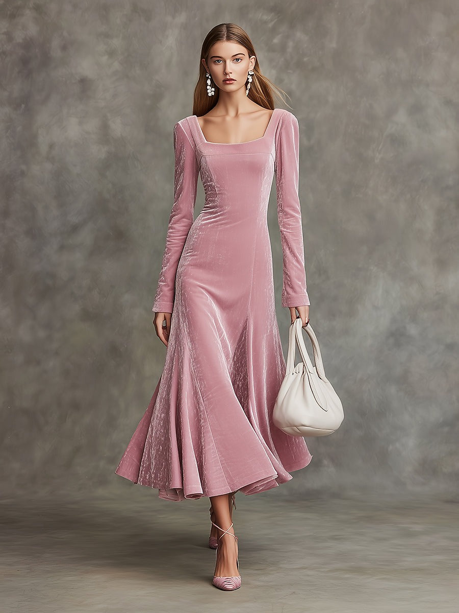 Elegant Pink Velvet Square Neck And Large Skirt Maxi Dress