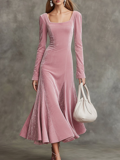 Elegant Pink Velvet Square Neck And Large Skirt Maxi Dress