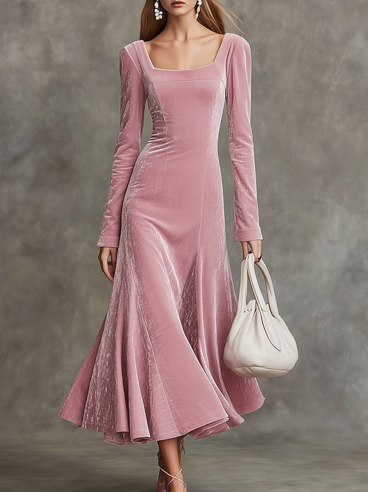Elegant Pink Velvet Square Neck And Large Skirt Maxi Dress