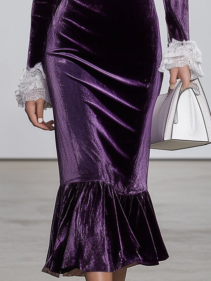 Purple V-neck Splicing White Lace Midi Dress