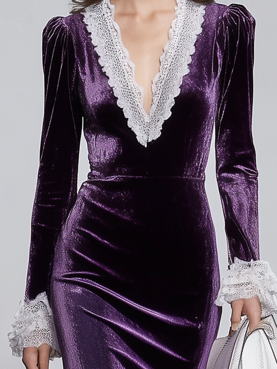 Purple V-neck Splicing White Lace Midi Dress