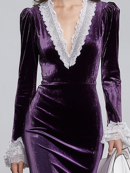 Purple V-neck Splicing White Lace Midi Dress