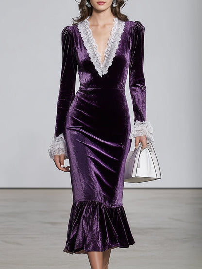 Purple V-neck Splicing White Lace Midi Dress