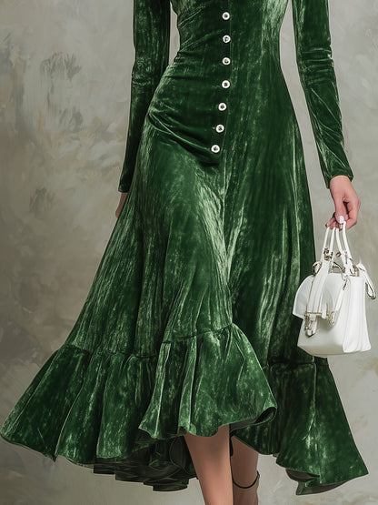 Green Velvet Button-stitched Skirt Midi Dress