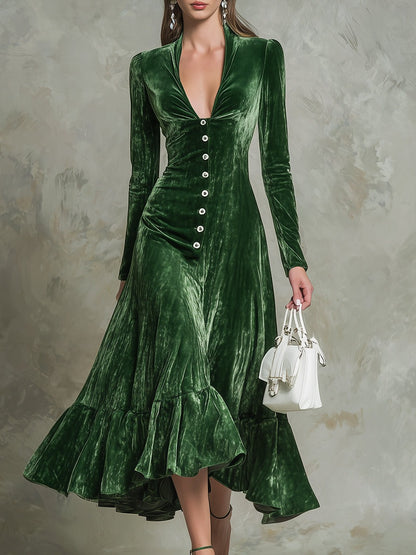 Green Velvet Button-stitched Skirt Midi Dress