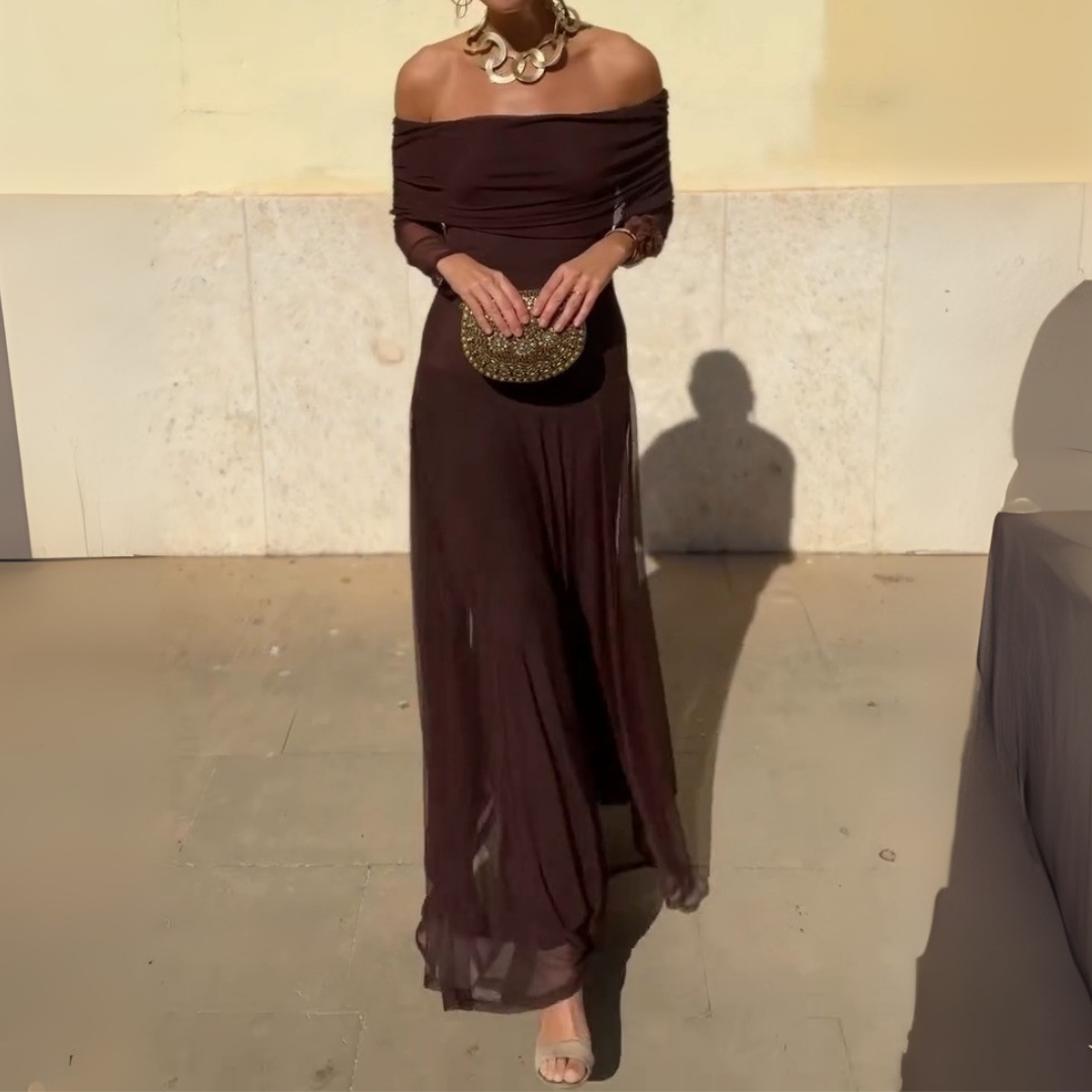 Chocolate Brown Off-Shoulder Maxi Dress