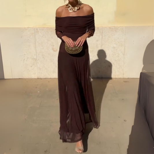 Chocolate Brown Off-Shoulder Maxi Dress