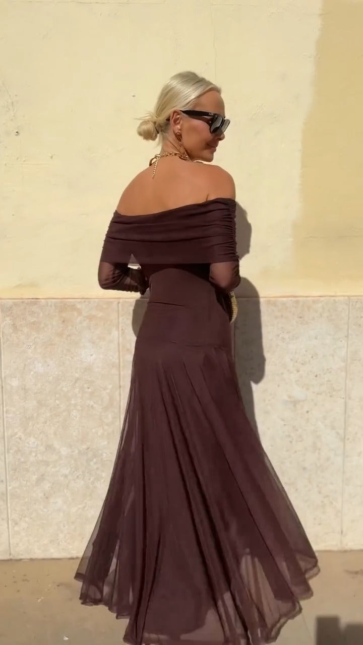 Chocolate Brown Off-Shoulder Maxi Dress