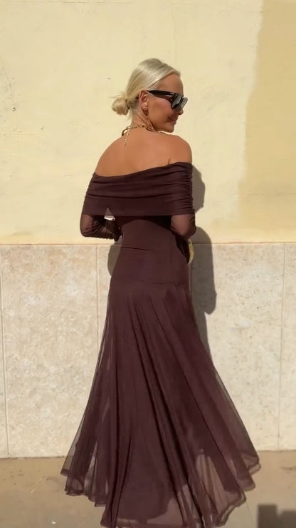 Chocolate Brown Off-Shoulder Maxi Dress