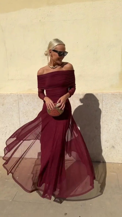Burgundy Off-Shoulder Maxi Dress