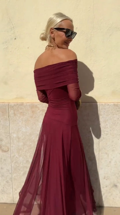 Burgundy Off-Shoulder Maxi Dress