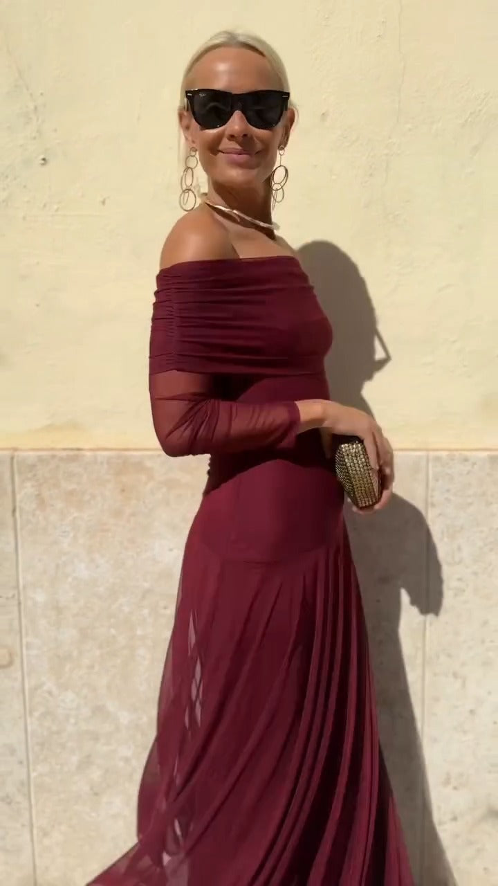 Burgundy Off-Shoulder Maxi Dress