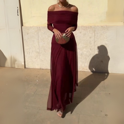 Burgundy Off-Shoulder Maxi Dress