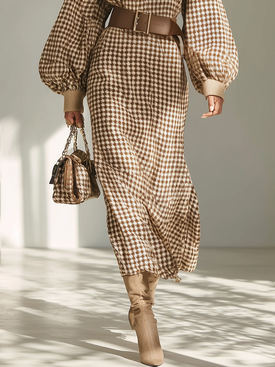Retro Classic Houndstooth High Collar Long Sleeve Knitted Dress