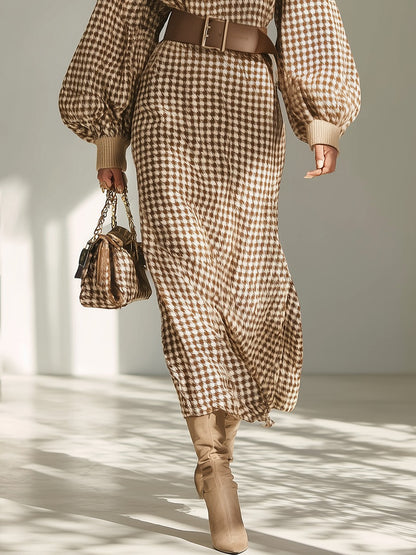 Retro Classic Houndstooth High Collar Long Sleeve Knitted Dress