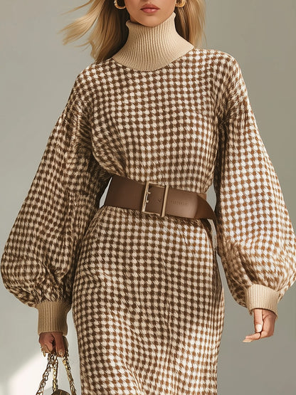 Retro Classic Houndstooth High Collar Long Sleeve Knitted Dress