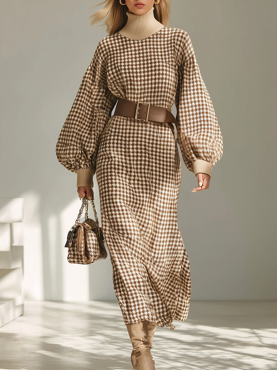 Retro Classic Houndstooth High Collar Long Sleeve Knitted Dress