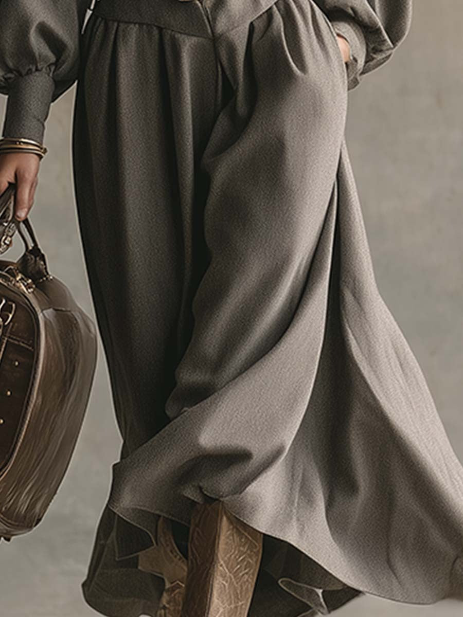 Elegant And Sophisticated Grey Lapel Buttoned Wool Maxi Dress