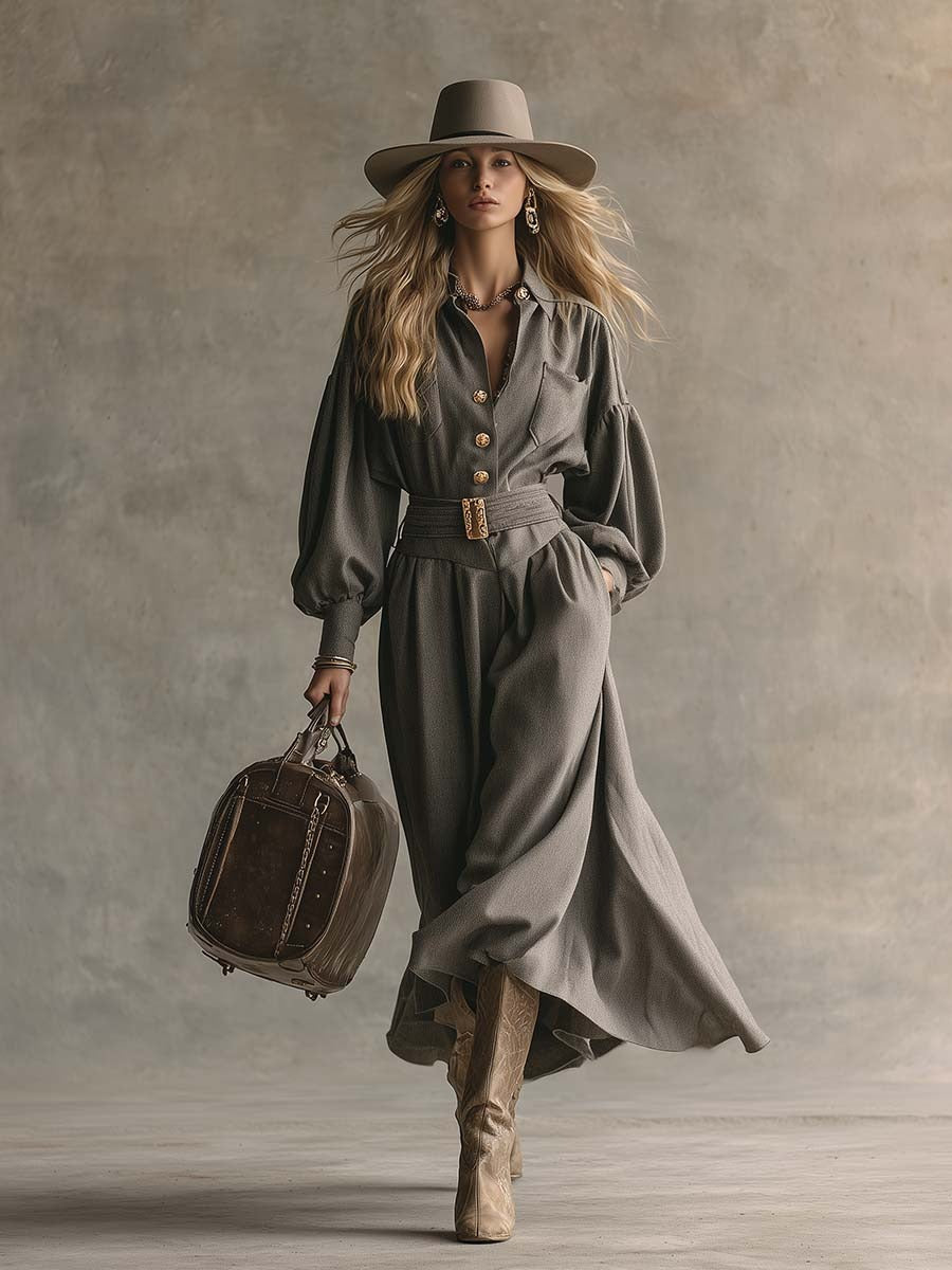 Elegant And Sophisticated Grey Lapel Buttoned Wool Maxi Dress