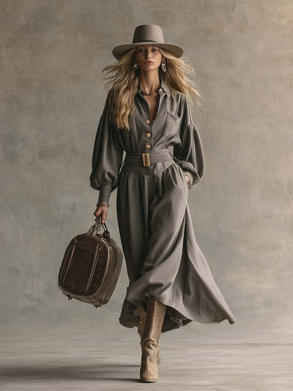 Elegant And Sophisticated Grey Lapel Buttoned Wool Maxi Dress