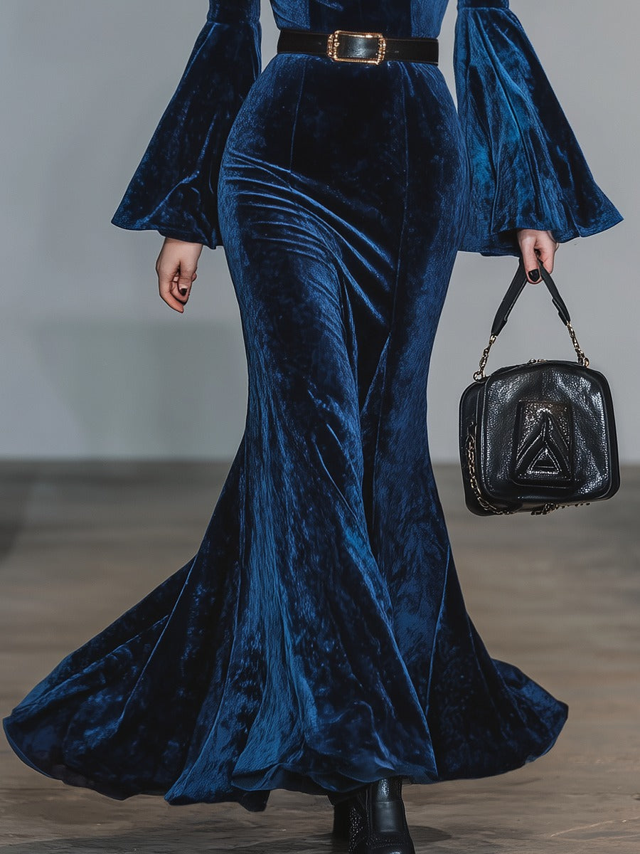 Retro V-Neck Bell Sleeve Velvet Maxi Dress