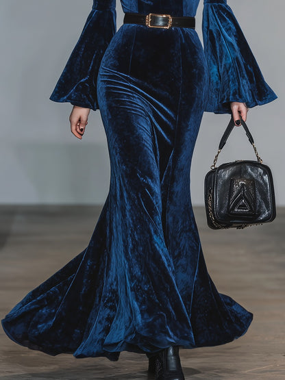 Retro V-Neck Bell Sleeve Velvet Maxi Dress