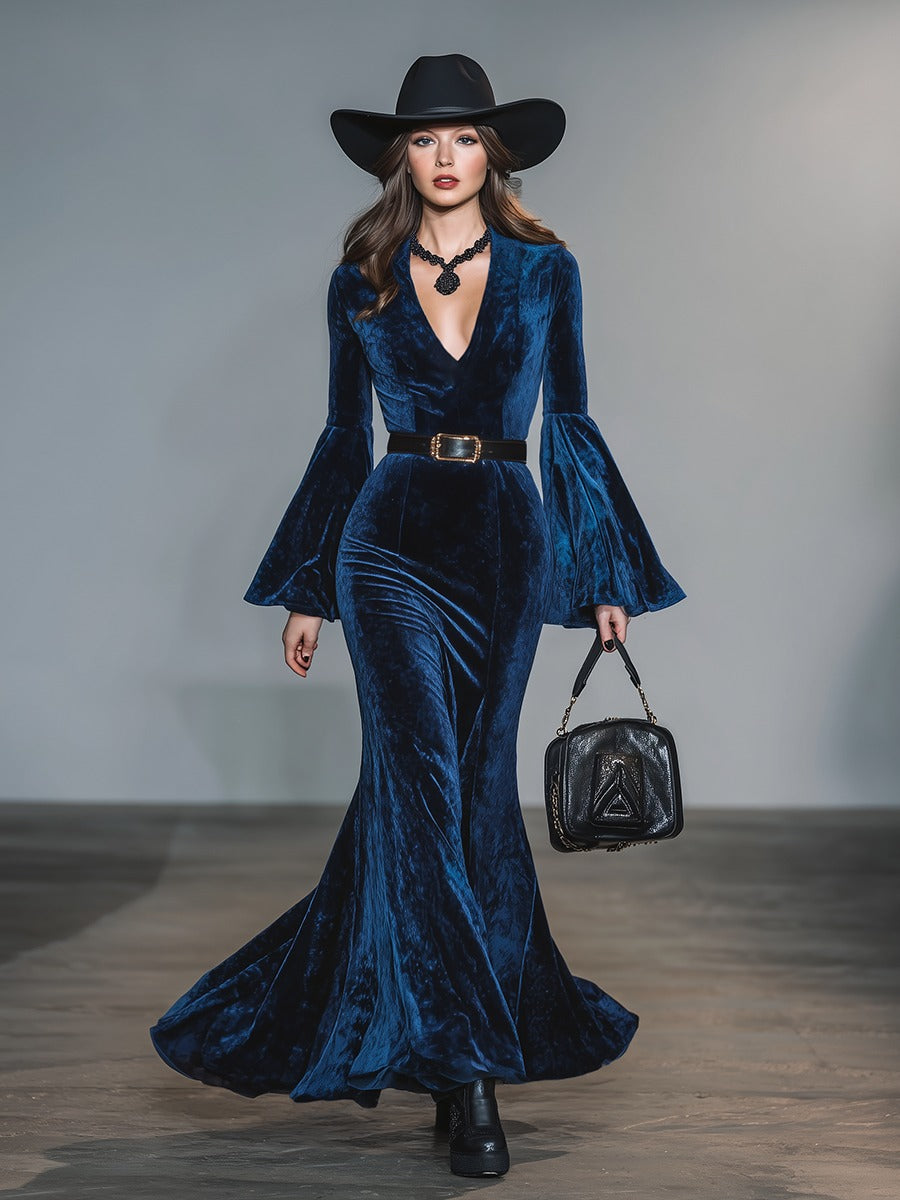 Retro V-Neck Bell Sleeve Velvet Maxi Dress