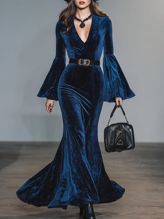 Retro V-Neck Bell Sleeve Velvet Maxi Dress