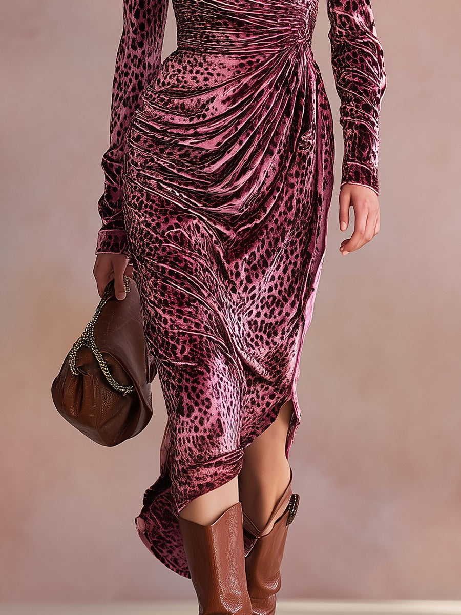 Retro Elegant Leopard Print V-Neck Velvet Dress