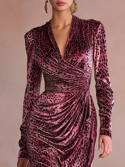 Retro Elegant Leopard Print V-Neck Velvet Dress