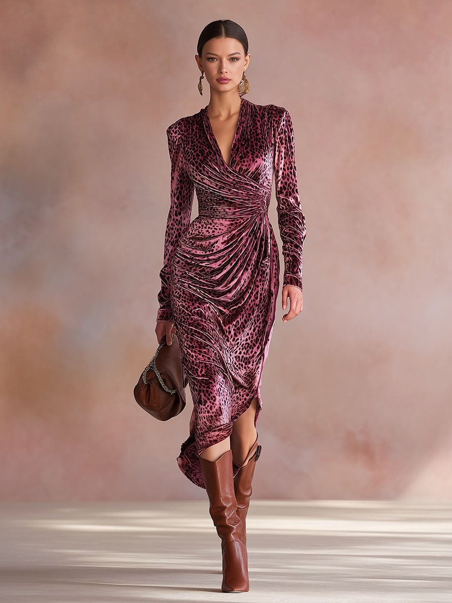 Retro Elegant Leopard Print V-Neck Velvet Dress