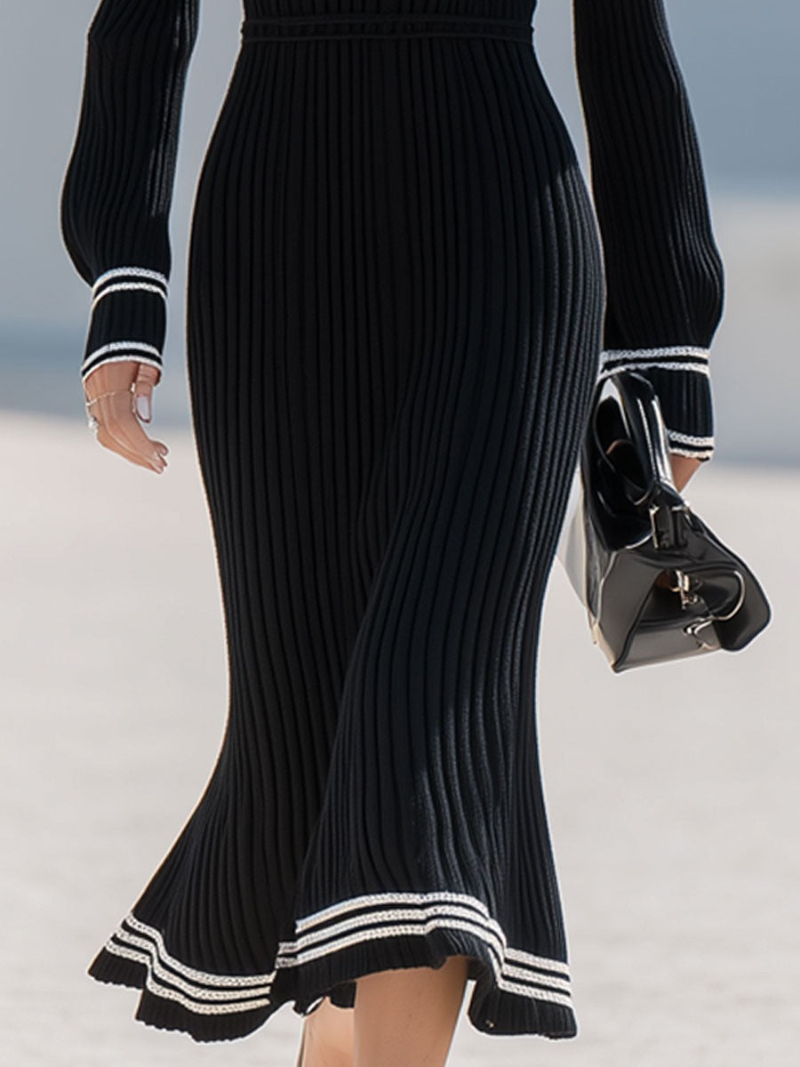 Fashion Retro White Trim Black Knitted Ribbed Long Sleeve Fishtail Midi Dress